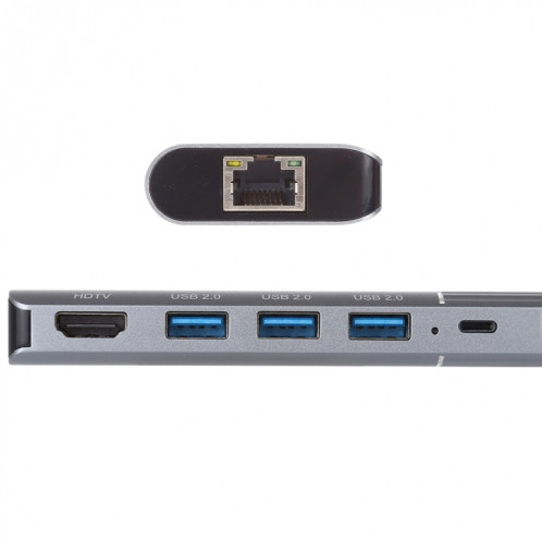 6 en 1 USB 2.0 x 3 + HDMI + RJ45 + Port de charge femelle 8 broches vers adaptateur de station d'accueil multifonction mâle 8 broches SH5895691-06
