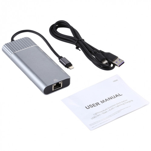 6 en 1 USB 2.0 x 3 + HDMI + RJ45 + Port de charge femelle 8 broches vers adaptateur de station d'accueil multifonction mâle 8 broches SH5895691-06