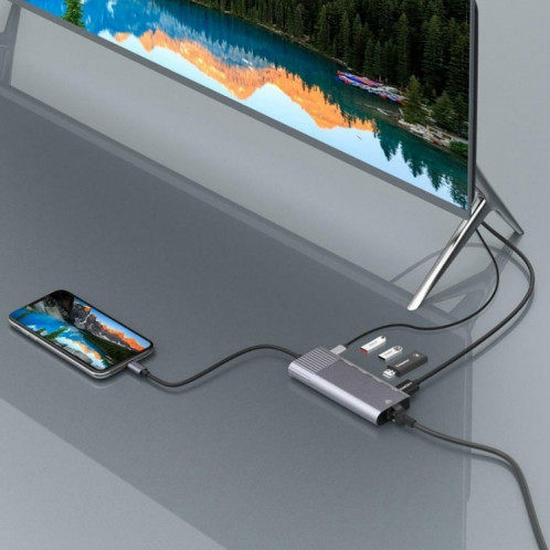 6 en 1 USB 2.0 x 3 + HDMI + RJ45 + Port de charge femelle 8 broches vers adaptateur de station d'accueil multifonction mâle 8 broches SH5895691-06