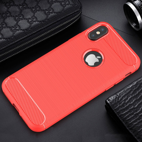 Pour iPhone X / XS Fibre De Carbone TPU Texture Brossée Antichoc Housse de Protection Arrière (Rouge) SH010R937-012