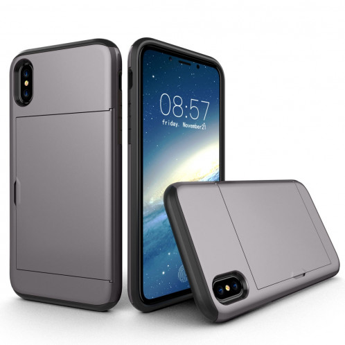 Pour iPhone X / XS TPU + PC Dropproof Case Housse de protection avec fente pour carte (Gris) SH014H1498-06