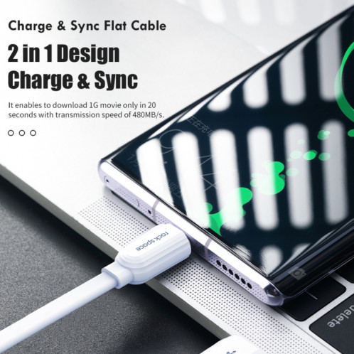 ROCK S5 2A Micro USB Charge + Synchronisation des données Câble de données de forme plate TPE, longueur du câble: 1 m (blanc) SR962W1937-08