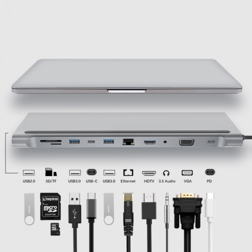 11 en 1 RJ45 + 87W PD + SD/TF + USBx3+ HDMI + VGA + Adaptateur HUB AUX vers Type-C 3,5 mm SH7427898-07