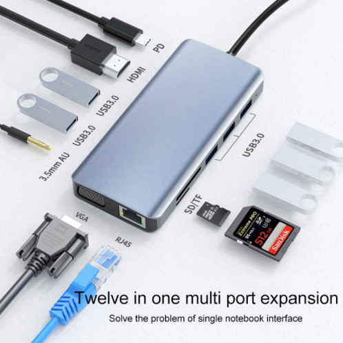 12 en 1 RJ45 + 100W PD + SD/TF + USB3.0x5 + HDMI + VGA + Adaptateur HUB AUX vers Type-C 3,5 mm SH74281023-07