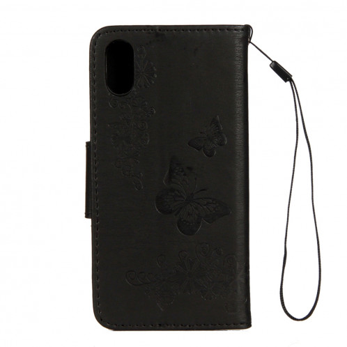 Pour iPhone X fleurs pressées motif papillon horizontal étui en cuir flip avec titulaire et fentes pour cartes et portefeuille et lanière (noir) SP571B1952-07