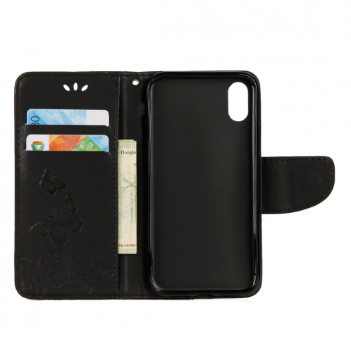 Pour iPhone X fleurs pressées motif papillon horizontal étui en cuir flip avec titulaire et fentes pour cartes et portefeuille et lanière (noir) SP571B1952-07