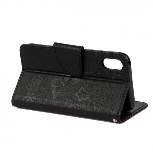 Pour iPhone X fleurs pressées motif papillon horizontal étui en cuir flip avec titulaire et fentes pour cartes et portefeuille et lanière (noir) SP571B1952-07