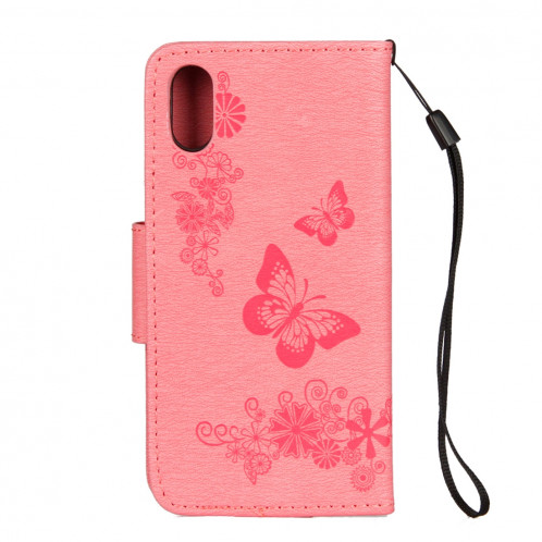 Pour iPhone X Fleurs pressées motif papillon horizontal étui en cuir flip avec titulaire et fentes pour cartes et portefeuille et lanière (rose) SP571F956-07