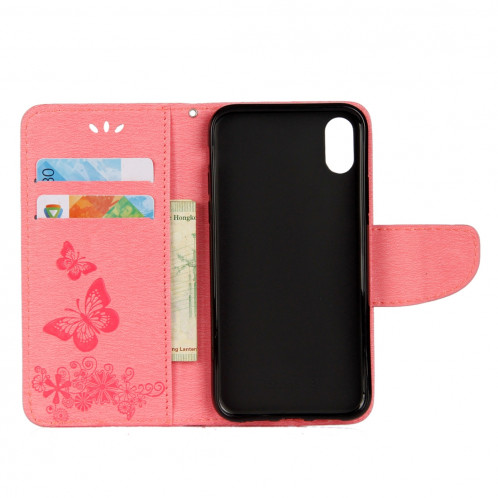 Pour iPhone X Fleurs pressées motif papillon horizontal étui en cuir flip avec titulaire et fentes pour cartes et portefeuille et lanière (rose) SP571F956-07