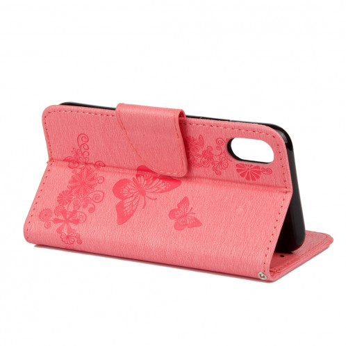 Pour iPhone X Fleurs pressées motif papillon horizontal étui en cuir flip avec titulaire et fentes pour cartes et portefeuille et lanière (rose) SP571F956-07