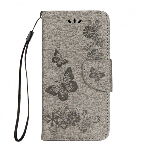 Pour iPhone X fleurs pressées motif papillon horizontal étui en cuir flip avec titulaire et fentes pour cartes et portefeuille et lanière (gris) SP571H1959-07
