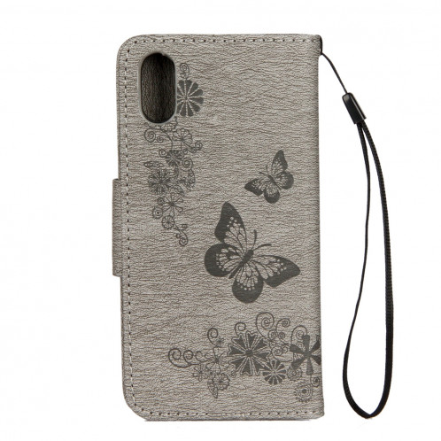 Pour iPhone X fleurs pressées motif papillon horizontal étui en cuir flip avec titulaire et fentes pour cartes et portefeuille et lanière (gris) SP571H1959-07