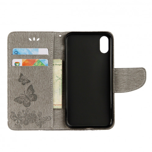 Pour iPhone X fleurs pressées motif papillon horizontal étui en cuir flip avec titulaire et fentes pour cartes et portefeuille et lanière (gris) SP571H1959-07