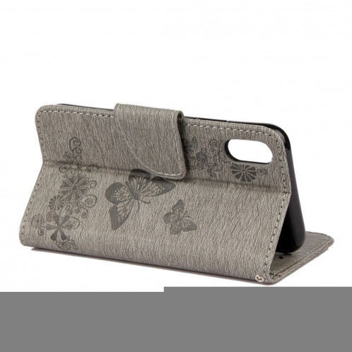 Pour iPhone X fleurs pressées motif papillon horizontal étui en cuir flip avec titulaire et fentes pour cartes et portefeuille et lanière (gris) SP571H1959-07