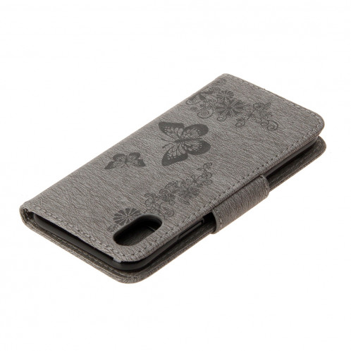 Pour iPhone X fleurs pressées motif papillon horizontal étui en cuir flip avec titulaire et fentes pour cartes et portefeuille et lanière (gris) SP571H1959-07