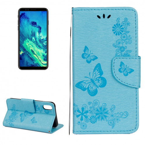 Pour iPhone X fleurs pressées motif papillon horizontal étui en cuir flip avec titulaire et fentes pour cartes et portefeuille et lanière (bleu) SP571L1687-07