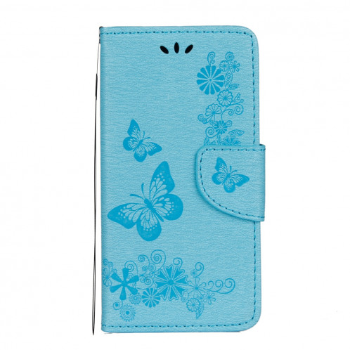 Pour iPhone X fleurs pressées motif papillon horizontal étui en cuir flip avec titulaire et fentes pour cartes et portefeuille et lanière (bleu) SP571L1687-07