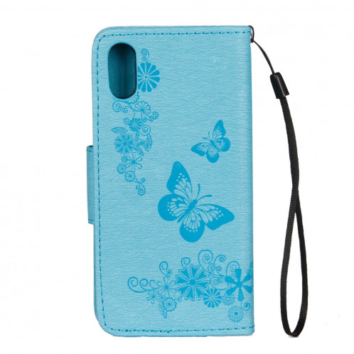 Pour iPhone X fleurs pressées motif papillon horizontal étui en cuir flip avec titulaire et fentes pour cartes et portefeuille et lanière (bleu) SP571L1687-07