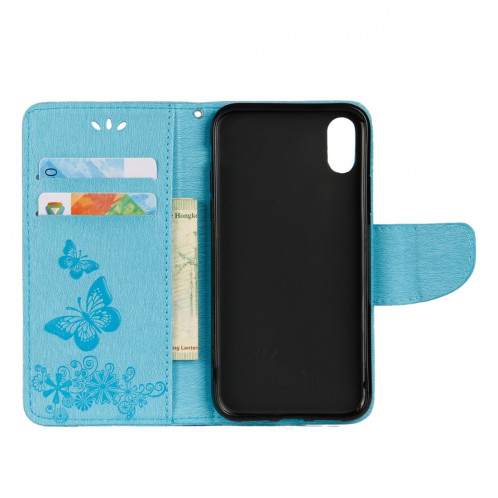 Pour iPhone X fleurs pressées motif papillon horizontal étui en cuir flip avec titulaire et fentes pour cartes et portefeuille et lanière (bleu) SP571L1687-07