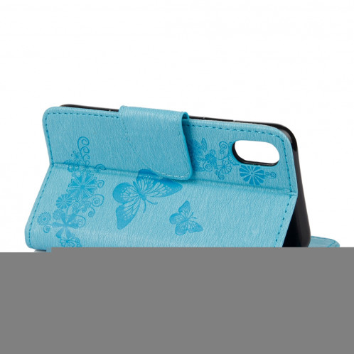 Pour iPhone X fleurs pressées motif papillon horizontal étui en cuir flip avec titulaire et fentes pour cartes et portefeuille et lanière (bleu) SP571L1687-07