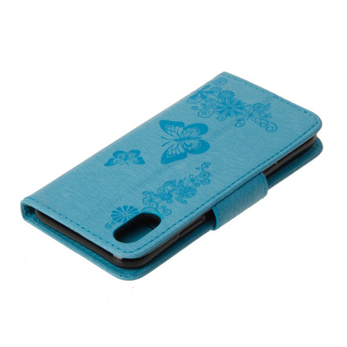 Pour iPhone X fleurs pressées motif papillon horizontal étui en cuir flip avec titulaire et fentes pour cartes et portefeuille et lanière (bleu) SP571L1687-07