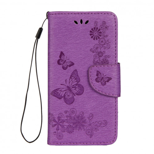 Pour iPhone X fleurs pressées motif papillon horizontal étui en cuir flip avec titulaire et fentes pour cartes et portefeuille et lanière (violet) SP571P1947-07