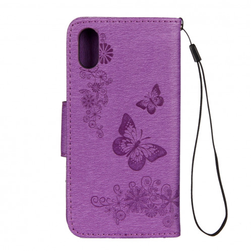 Pour iPhone X fleurs pressées motif papillon horizontal étui en cuir flip avec titulaire et fentes pour cartes et portefeuille et lanière (violet) SP571P1947-07