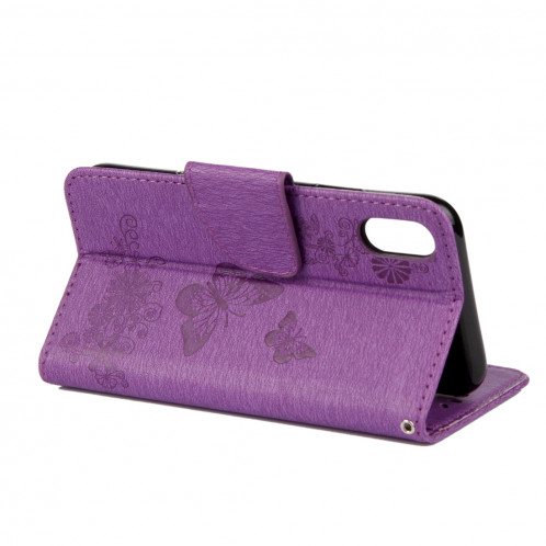 Pour iPhone X fleurs pressées motif papillon horizontal étui en cuir flip avec titulaire et fentes pour cartes et portefeuille et lanière (violet) SP571P1947-07