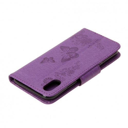 Pour iPhone X fleurs pressées motif papillon horizontal étui en cuir flip avec titulaire et fentes pour cartes et portefeuille et lanière (violet) SP571P1947-07