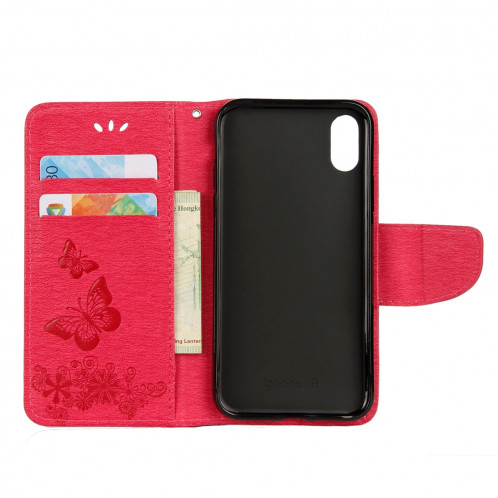 Pour iPhone X fleurs pressées motif papillon horizontal étui en cuir flip avec titulaire et fentes pour cartes et portefeuille et lanière (rouge) SP571R379-07