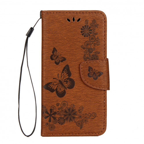 Pour iPhone X fleurs pressées motif papillon horizontal étui en cuir flip avec titulaire et fentes pour cartes et portefeuille et lanière (brun) SP571Z1339-07