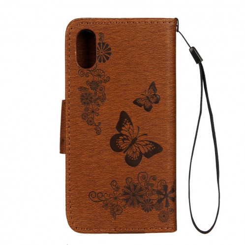 Pour iPhone X fleurs pressées motif papillon horizontal étui en cuir flip avec titulaire et fentes pour cartes et portefeuille et lanière (brun) SP571Z1339-07