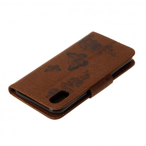 Pour iPhone X fleurs pressées motif papillon horizontal étui en cuir flip avec titulaire et fentes pour cartes et portefeuille et lanière (brun) SP571Z1339-07