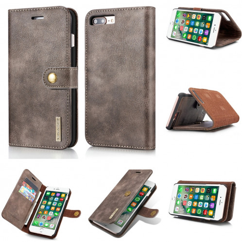 DG.MING pour iPhone 8 Plus et iPhone 7 Plus Étui de protection magnétique détachable à rabat horizontal Crazy Horse Texture avec porte-monnaie et fentes pour cartes et porte-monnaie (Gris) SD045H62-010