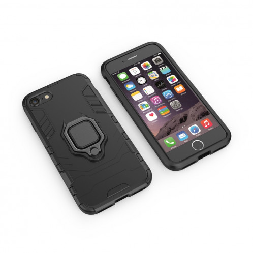 PC + TPU Housse de protection antichoc pour iPhone 8 Plus et 7 Plus, avec support de bague magnétique (Noir) SH170B1725-07