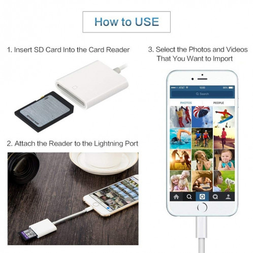 Adaptateur de lecteur de caméra 8 broches vers carte SD, prise en charge du système iOS 9.2-11, Pour iPhone, iPad (blanc) SH001W53-07
