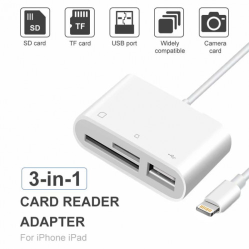 NK-1081 8 broches sur SD + TF + Adaptateur de lecteur de caméra Port USB, support IOS 9.2-11, Pour iPhone, iPad (blanc) SH002W1376-08