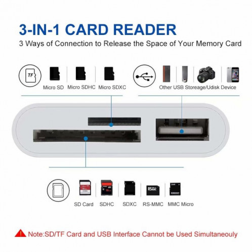 NK-1081 8 broches sur SD + TF + Adaptateur de lecteur de caméra Port USB, support IOS 9.2-11, Pour iPhone, iPad (blanc) SH002W1376-08
