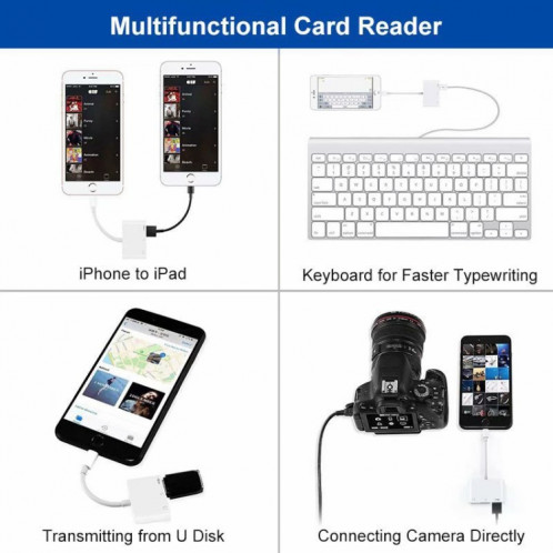 NK-1081 8 broches sur SD + TF + Adaptateur de lecteur de caméra Port USB, support IOS 9.2-11, Pour iPhone, iPad (blanc) SH002W1376-08