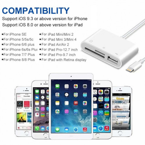 NK-1081 8 broches sur SD + TF + Adaptateur de lecteur de caméra Port USB, support IOS 9.2-11, Pour iPhone, iPad (blanc) SH002W1376-08