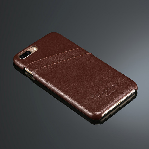 Fierre Shann Litchi Texture Etui en cuir véritable pour iPhone 8 Plus et 7 Plus, avec fentes pour cartes (Marron) SH106Z680-07