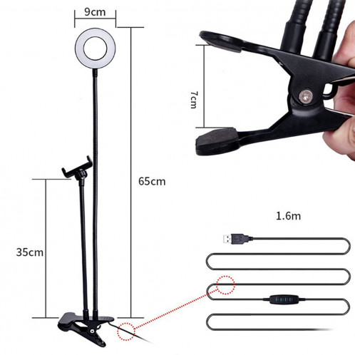 Maquillage USB Selfie Anneau Lumière avec Clip Support paresseux support de téléphone portable stand, avec 3-Light Mode, 10-niveau luminosité LED lampe de bureau, Compatible avec iPhone / Android, pour le streaming SH62551662-09