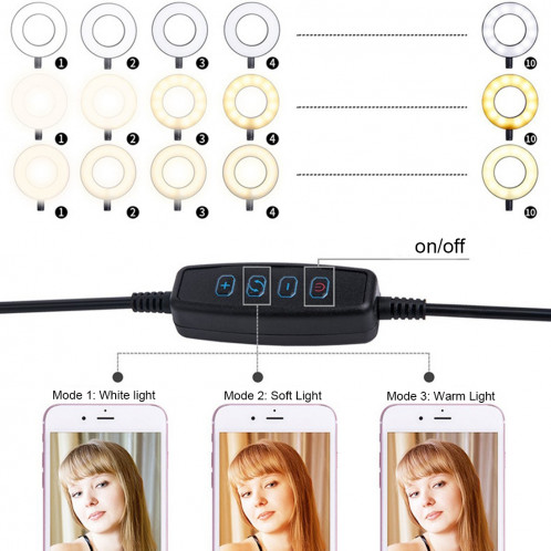 Maquillage USB Selfie Anneau Lumière avec Clip Support paresseux support de téléphone portable stand, avec 3-Light Mode, 10-niveau luminosité LED lampe de bureau, Compatible avec iPhone / Android, pour le streaming SH62551662-09