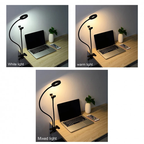 Maquillage USB Selfie Anneau Lumière avec Clip Support paresseux support de téléphone portable stand, avec 3-Light Mode, 10-niveau luminosité LED lampe de bureau, Compatible avec iPhone / Android, pour le streaming SH62551662-09