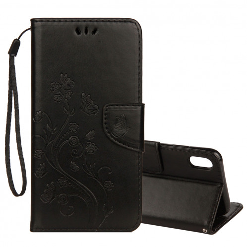 Étui à rabat horizontal en cuir avec motif papillon en relief avec porte-monnaie et porte-monnaie et porte-monnaie pour iPhone XR (noir) SH039B864-09
