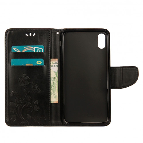 Étui à rabat horizontal en cuir avec motif papillon en relief avec porte-monnaie et porte-monnaie et porte-monnaie pour iPhone XR (noir) SH039B864-09