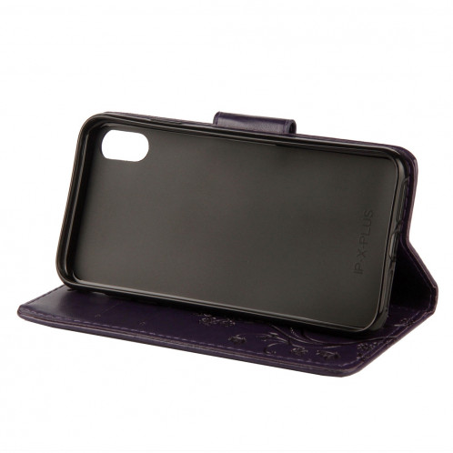 Étui à rabat en cuir motif gaufré en relief avec fente pour cartes et porte-monnaie et porte-monnaie et lanière pour iPhone XR (violet foncé) SH39DZ1665-09