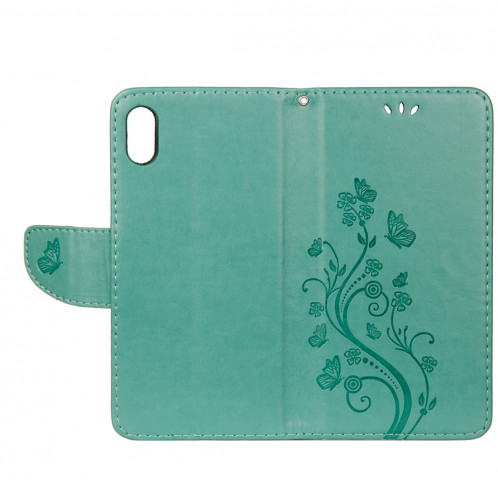 Étui à rabat horizontal avec motif papillon en relief avec fente pour cartes, porte-monnaie et porte-monnaie et lanière pour iPhone XR (vert) SH039G1971-09