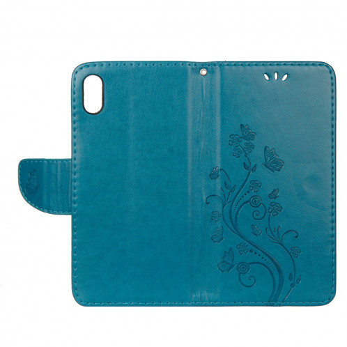 Étui à rabat horizontal avec motif papillon en relief avec fente pour cartes et porte-monnaie et porte-monnaie et lanière pour iPhone XR (bleu) SH039L229-09