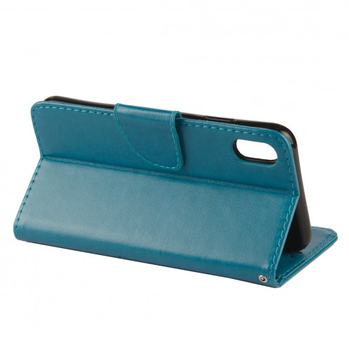 Étui à rabat horizontal avec motif papillon en relief avec fente pour cartes et porte-monnaie et porte-monnaie et lanière pour iPhone XR (bleu) SH039L229-09